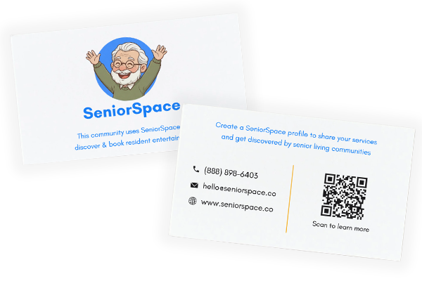 SeniorSpace business cards to hand out to vendors