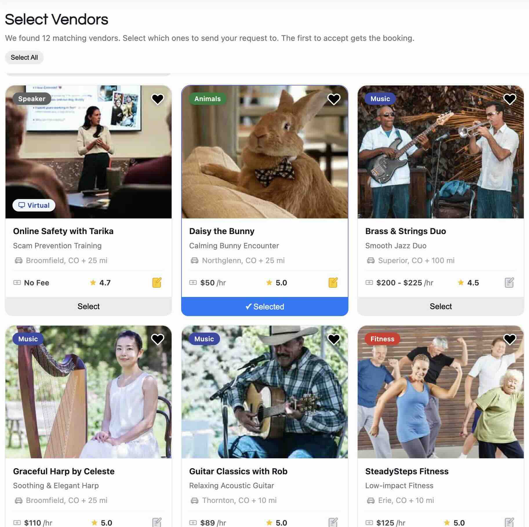 Vendor search screen